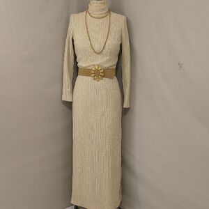 Vintage Gold Metallic & Cream Knit Maxi Dress w Two Belts Long Sleeve High Neck